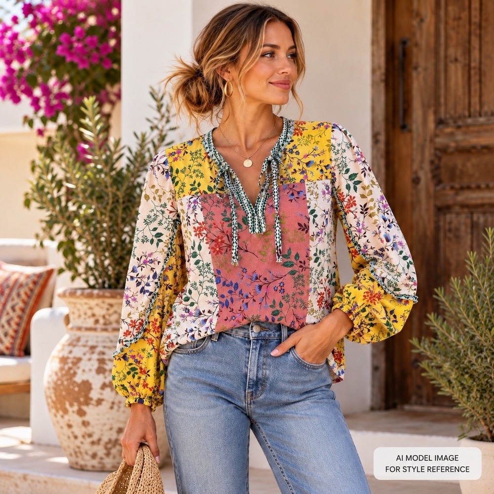Sundance Patchwork Floral Blouse Womens S Yellow Pink Tie Neck Boho Viscose